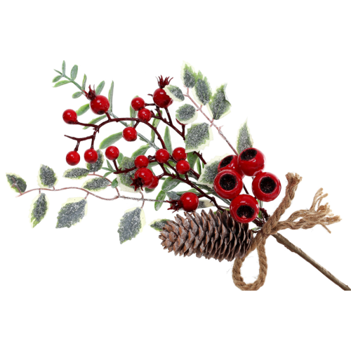 Декоративна новорічна гілка з шишкою та червоними ягодами 34 см (903-500)