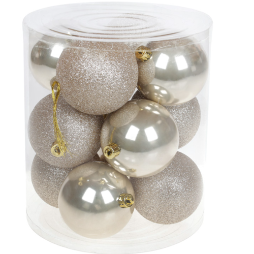 Набір ялинкових куль 8 см шампань — 12 шт (гліттер і перламутр)