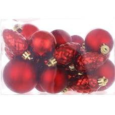 Набір ялинкових куль і шишок 25 шт — червоні новорічні прикраси різних розмірів, матові та глянцеві
