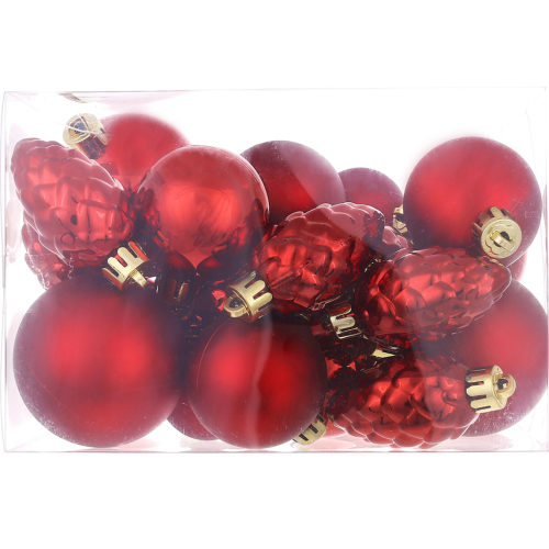 Набір ялинкових куль і шишок 25 шт — червоні новорічні прикраси різних розмірів, матові та глянцеві