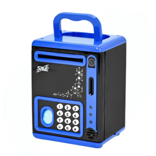 Дитячий електронний сейф-скарбничка MK 5408 — з відбитком пальця, кодовим замком та автоматичним прийманням купюр, 19 см, синій